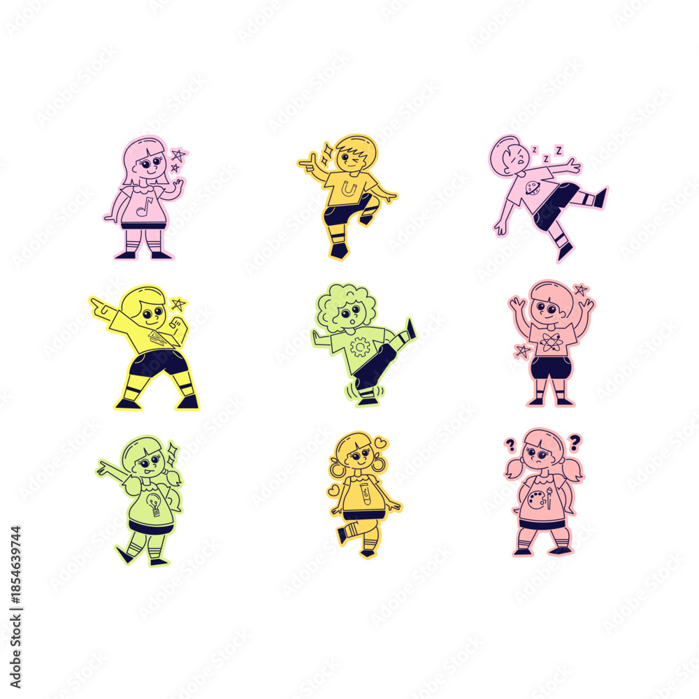 Fototapeta premium Adorable Set of Cartoon Child Characters and School Mascots Representing Different Academic Interests such as Science, Music, Arts, and Technology in a Retro Sticker Illustration Style.