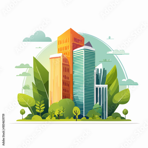 Stylized illustration of a city skyline with green foliage and a bright color palette.