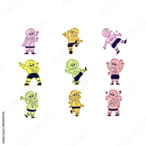 Adorable Set of Cartoon Child Characters and School Mascots Representing Different Academic Interests such as Science, Music, Arts, and Technology in a Retro Sticker Illustration Style.