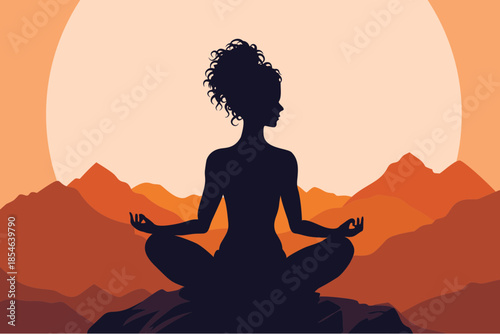 Silhouette of woman meditating in lotus pose on mountain at sunset, modern flat vector illustration symbolizing yoga, mindfulness, inner peace, spiritual balance and zen relaxation in nature