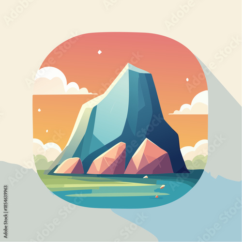 Stylized mountain landscape with a geometric mountain, water, and a colorful sky.