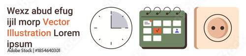 Productivity tools, energy planning, power usage, scheduling, organization, time tracking. Minimalistic icons of a clock, calendar and power outlet. Productivity tools and scheduling concept
