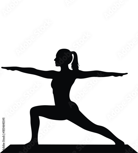 Black silhouette of a woman in a yoga warrior pose on a white background