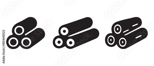 Simple Black Icons of Stacked Logs on White Background.