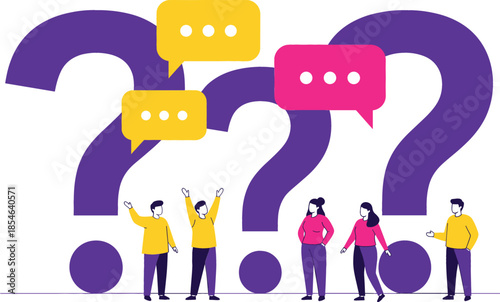 Business team solving problems together with giant question marks and speech bubbles, customer support and FAQ concept flat vector illustration isolated