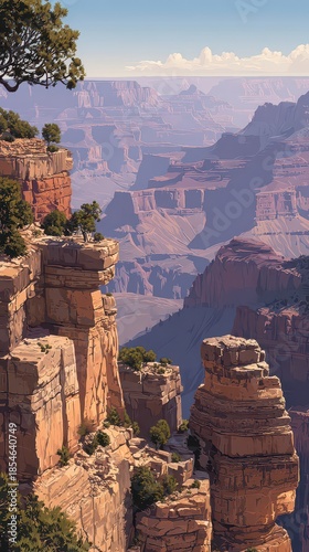 Pixelated Canyon Landscape with Sunlight and Trees Depicting a Panoramic Vista