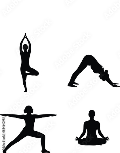 Black silhouettes of a woman in various yoga and meditation poses on white