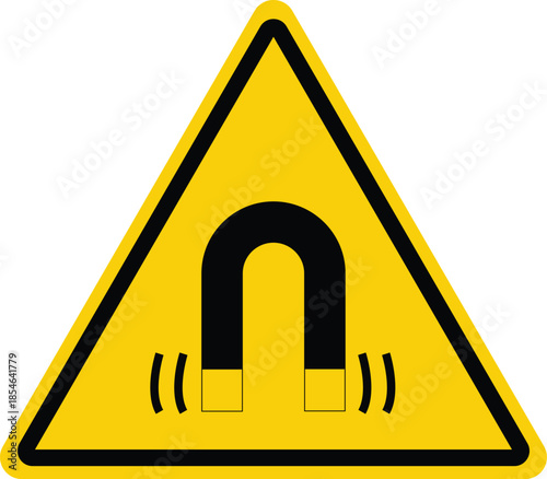 Magnetic field warning. Yellow triangle symbol. Danger Warning sign. Danger zone. flat style.