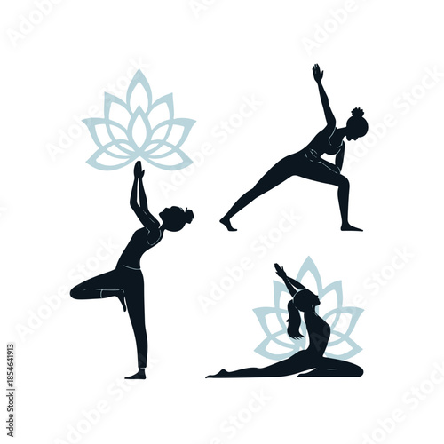 Women practicing yoga in various poses with lotus flowers