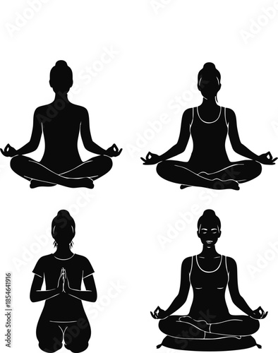 Black silhouettes of women in lotus yoga poses for zen wellness and meditation