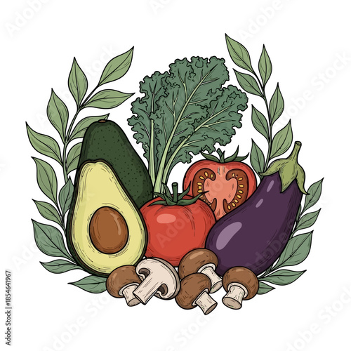 Hand-Drawn Fresh Organic Vegetables and Botanical Leaves Illustration for Healthy Eating and Culinary Design