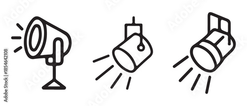 Set of black and white line icons for stage or studio spotlights.