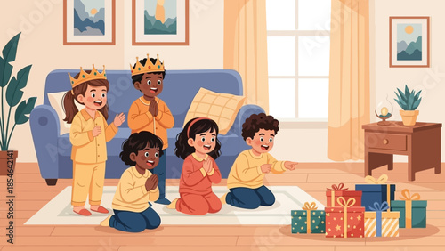 Children in Pajamas Praying Around Christmas Gifts