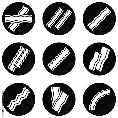 Set of hand drawn bacon strip icons in minimalist black and white line art vector style