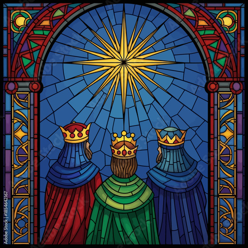 Majestic Stained Glass Art of Three Kings Following a Guiding Star