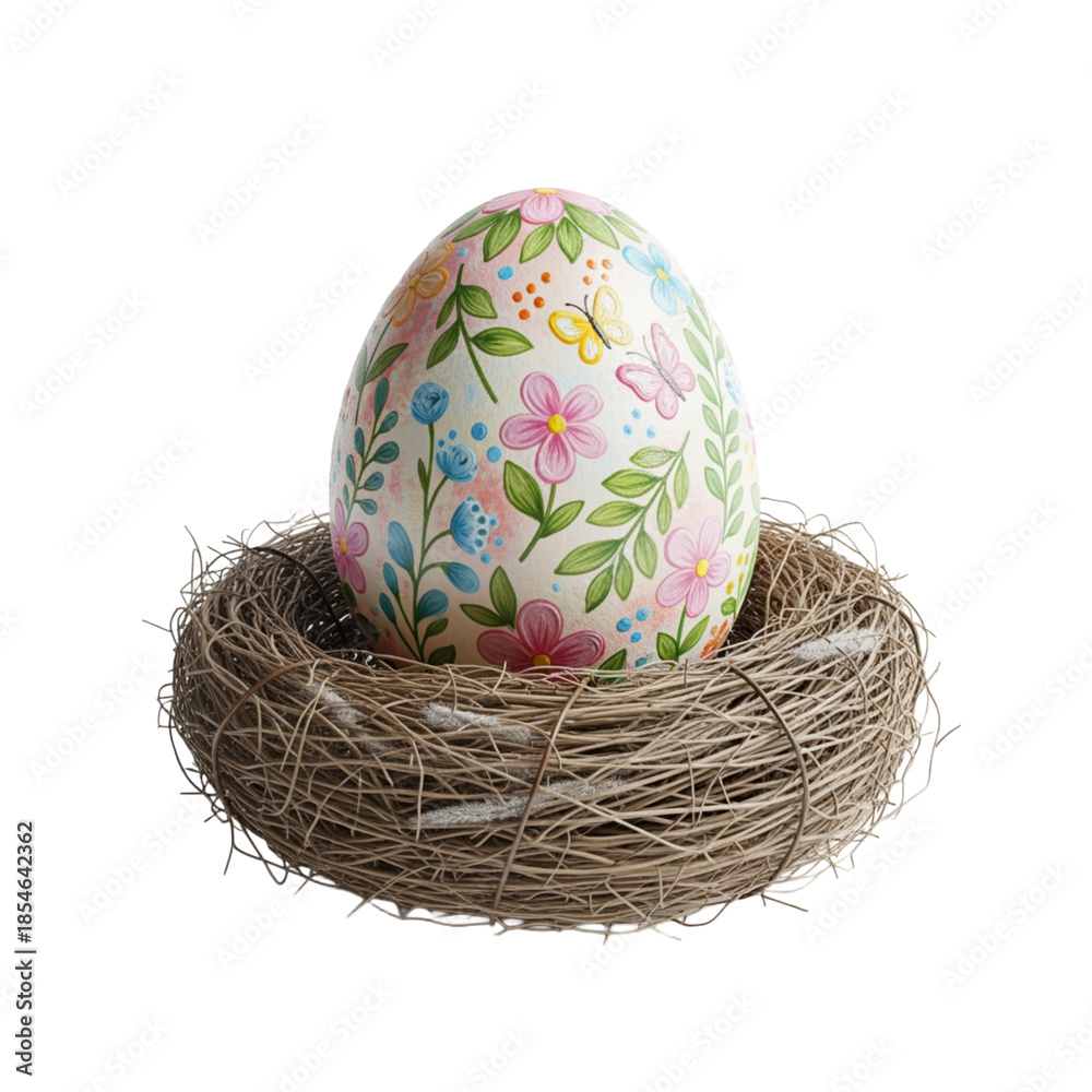 Obraz premium Painted easter egg in nest on white background.