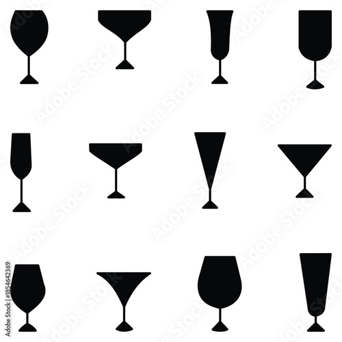 Elegant glassware icon collection featuring champagne flutes with bubbles and celebration symbols in solid silhouette style