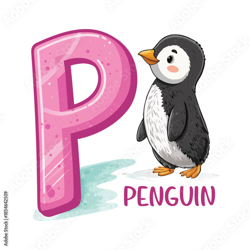 Cute Penguin Illustration with Letter P Alphabet