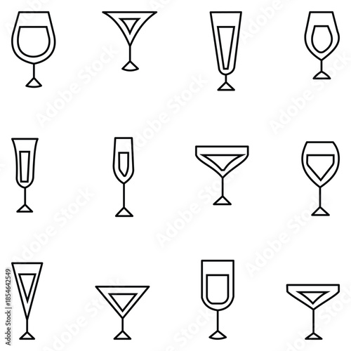 Elegant glassware icon collection featuring champagne flutes with bubbles and celebration symbols in solid silhouette style