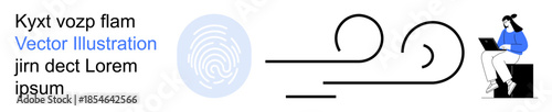 Digital security, authentication, identity verification, technology use, data protection, workflow efficiency. Person using laptop, fingerprint symbol abstract security elements. Digital security