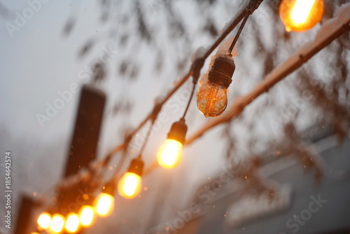 A frozen, burnt-out light bulb. Street lighting. Snowfall.