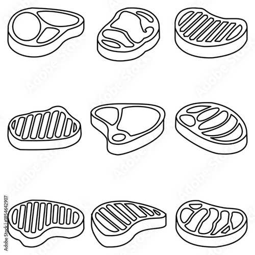 Vector set of various raw meat steak cuts and grill marks in minimalist black silhouette and outline style