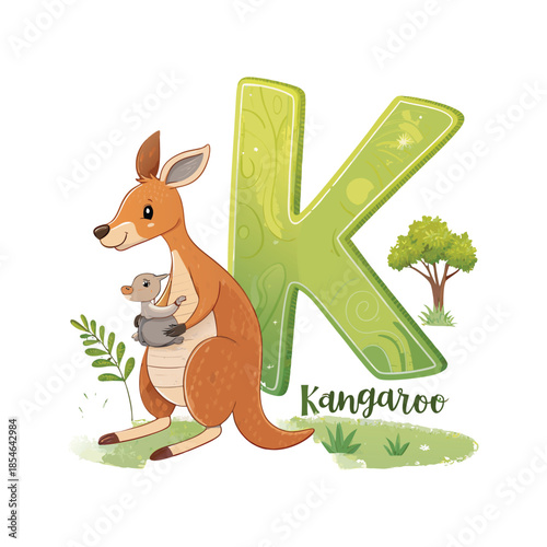 Kangaroo and Joey Illustration with Letter K Alphabet