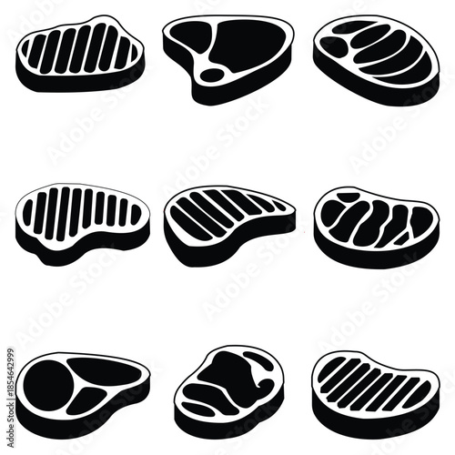 Vector set of various raw meat steak cuts and grill marks in minimalist black silhouette and outline style