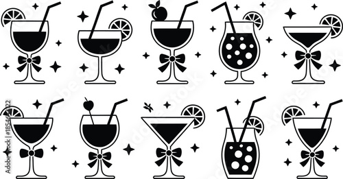 Collection of festive cocktail icons, featuring diverse glassware and garnishes, perfect for celebration graphics