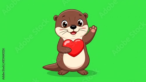 Cute otter holding a red heart on green background cartoon illustration.