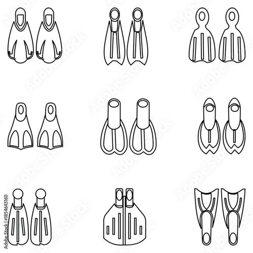 Vector set of swimming flippers and diving fin icons in outline, flat, and black silhouette styles for scuba diving and snorkeling