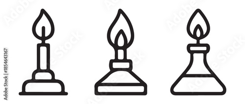 Set of laboratory burner icons. including candle, bunsen burner, and alcohol lamp isolated on white background.