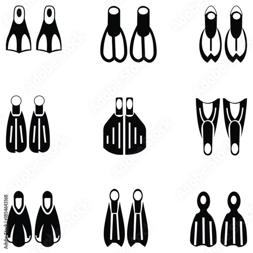 Vector set of swimming flippers and diving fin icons in outline, flat, and black silhouette styles for scuba diving and snorkeling