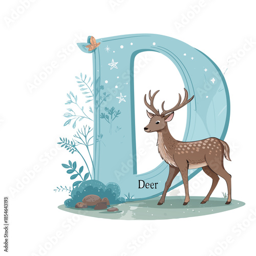 Graceful Deer Illustration with Letter D Alphabet