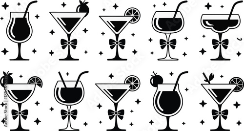 Set of Elegant Drink Vector Illustrations Featuring Various Cocktail Glasses with Festive Bows and Sparkling Star Decorations for Party and Celebration Designs