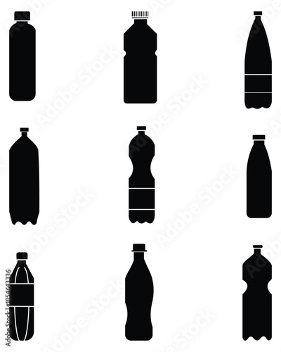 Vector set of plastic water bottle icons in flat and line style with editable stroke for mineral water branding
