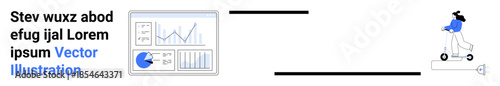 Analytical dashboard with graphs and pie chart beside a figure riding an electric scooter. Ideal for business analysis, remote work, mobility trends, productivity, tech lifestyle, urban transport