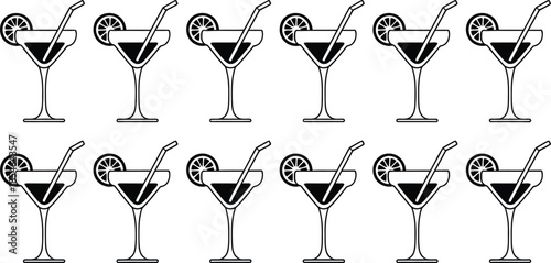 A repetitive pattern of twelve martini glasses, each garnished with a lemon slice and a straw, ready for a celebration