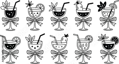 Vector illustrations of refreshing cocktails and mixed drinks in decorative glasses with bows and garnishes, ideal for menu designs