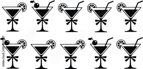 Elegant black and white vector icons of refreshing cocktail drinks with garnishes and bows, perfect for party invitations, menus, and celebration designs