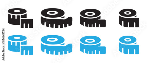 Collection of measuring tape icons in black and blue, isolated on white background.