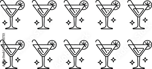 Collection of elegant cocktail glass icons with a lemon slice and straw, featuring a sparkling design, perfect for beverage-themed projects, festive occasions, and celebratory events