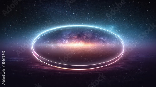 Abstract Glowing Ring Structure In Galaxy Background With Blue And Pink Light