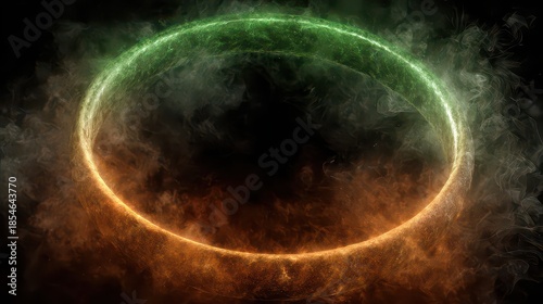 Abstract Green and Orange Particle Ring on Black Background with Glowing Effect