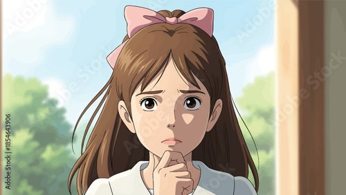 Worried young anime girl with thoughtful expression looking forward