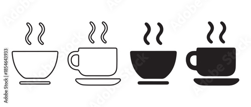 Set of hot coffee or tea cup and mug icons with steam, featuring outline and solid styles.