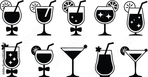 Set of ten stylized cocktail glass icons in black and white, featuring various drink elements and garnishes