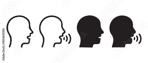 Speaking and talking icon set. showing profile of head with open mouth and sound waves.