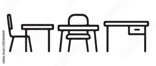 Minimalist outline icon set featuring a chair, table, and office desk with a drawer.