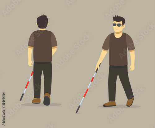 Isolated blind male character uses cane to walk outside. Front and back view. Flat vector illustration template. 
